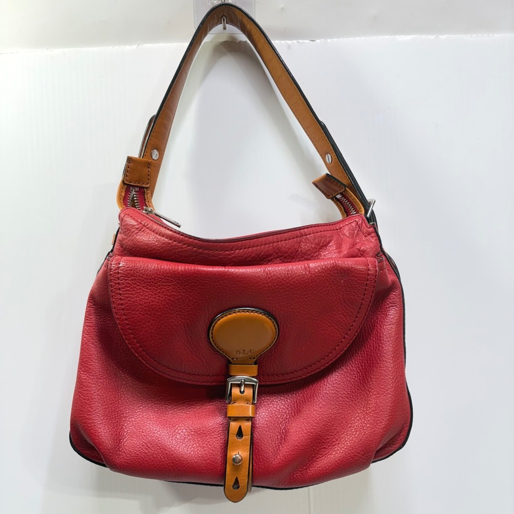 Lauren Ralph Lauren Red Pebbled Leather Hobo Shoulder Bag Tan Buckle Detail